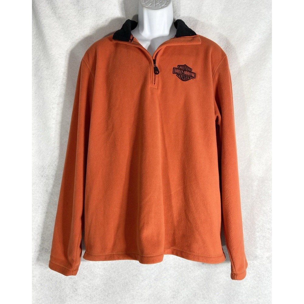 Harley Davidson Fleece Pullover Men's Large 1/4 Zip Orange Long Sleeve Biker